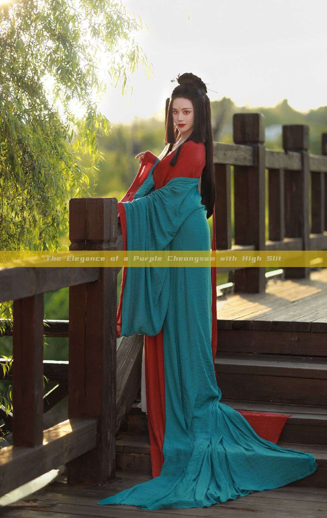 The Elegance of a Purple Cheongsam with High Slit The Elegance of a Purple Cheongsam with High Slit